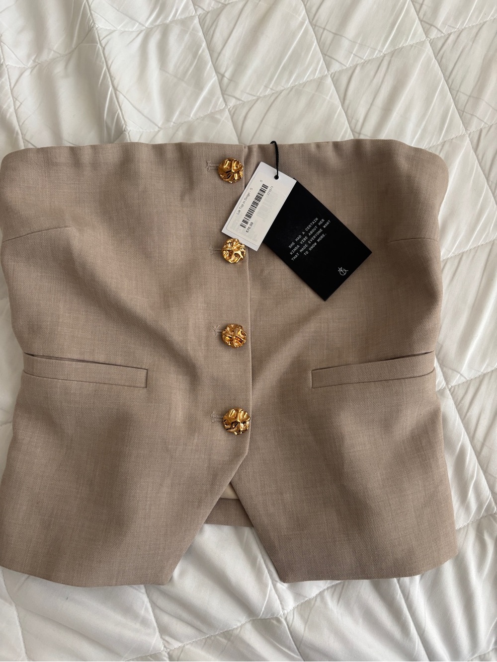 4TH+RECKLESS Strapless Beige Waistcoat with Gold Buttons Lia Top